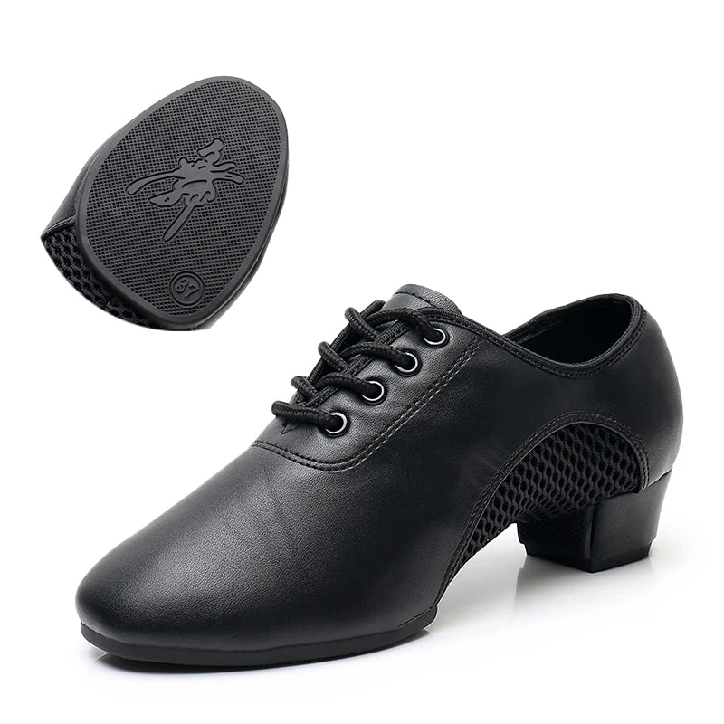 Unisex Latin Dance Shoes Leather Air-Mesh Breathable Ballroom Dancing Shoes Lace-Up Design Tango Shoes 3.5CM Heel Height