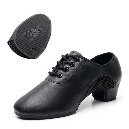 Unisex Latin Dance Shoes Leather Air-Mesh Breathable Ballroom Dancing Shoes Lace-Up Design Tango Shoes 3.5CM Heel Height