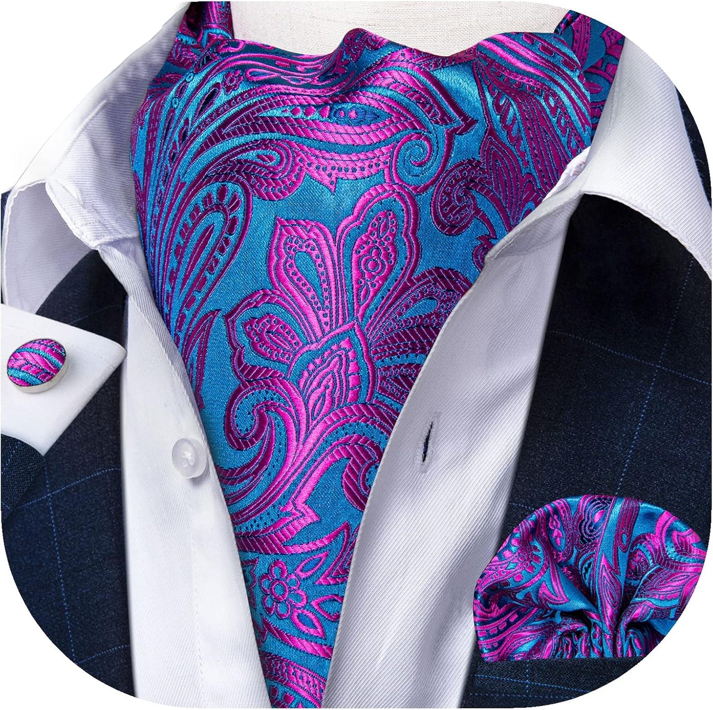 3PCS Ascot Ties for Men Wedding Jacquard Woven Silk Ascot Cravat for Men Cravat Tie and Pocket Square Set