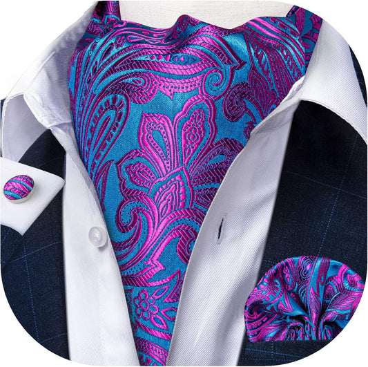 3PCS Ascot Ties for Men Wedding Jacquard Woven Silk Ascot Cravat for Men Cravat Tie and Pocket Square Set