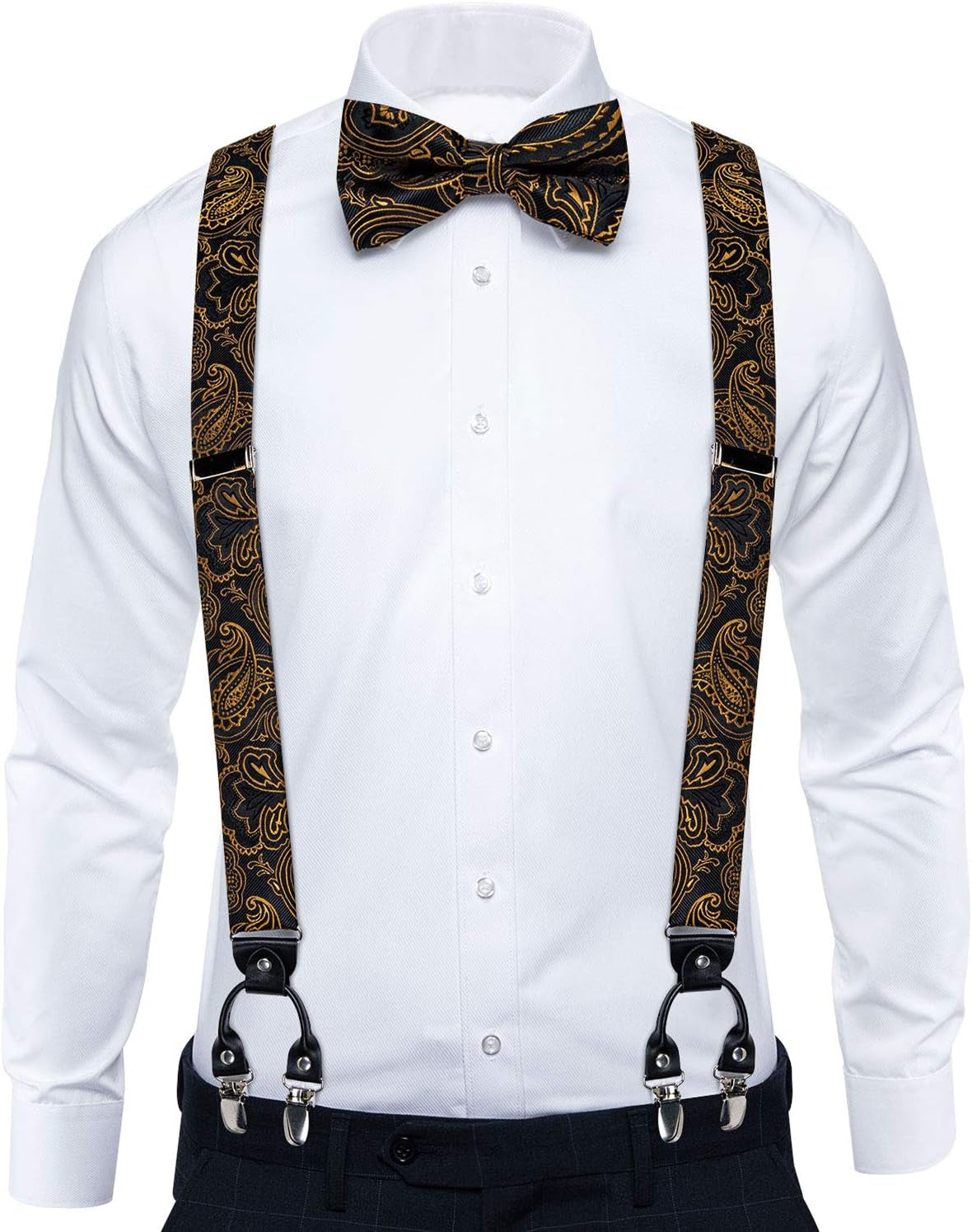 Paisley Bow Tie and Supenders for Men Tuxedo Heavy Duty 6 Clips Suspender Adjustable Y-Shape Mens Trouser Braces