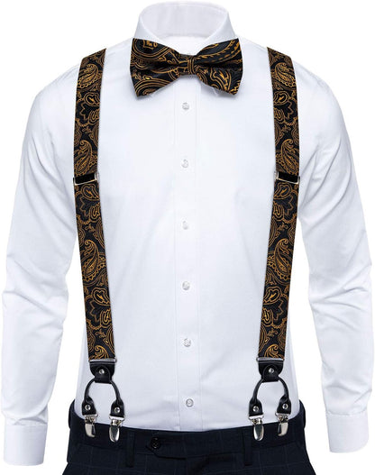 Paisley Bow Tie and Supenders for Men Tuxedo Heavy Duty 6 Clips Suspender Adjustable Y-Shape Mens Trouser Braces