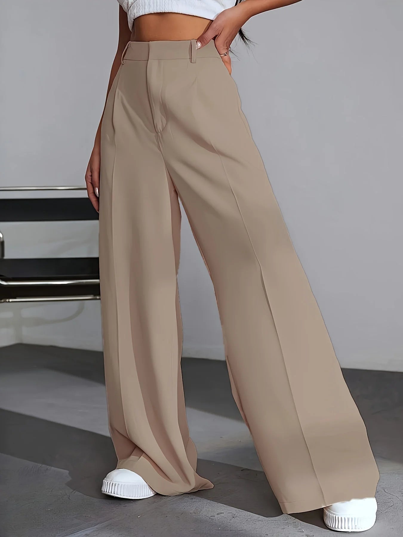 Calviera | Damskie Eleganckie Spodnie Z Wysokim Stanem Szerokie Nogawki