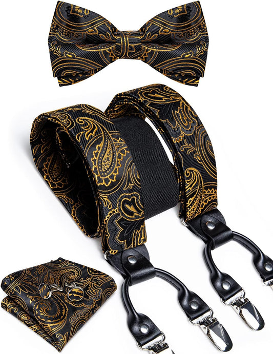 Paisley Bow Tie and Supenders for Men Tuxedo Heavy Duty 6 Clips Suspender Adjustable Y-Shape Mens Trouser Braces