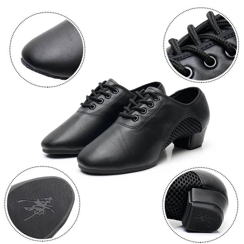 Unisex Latin Dance Shoes Leather Air-Mesh Breathable Ballroom Dancing Shoes Lace-Up Design Tango Shoes 3.5CM Heel Height
