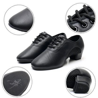 Unisex Latin Dance Shoes Leather Air-Mesh Breathable Ballroom Dancing Shoes Lace-Up Design Tango Shoes 3.5CM Heel Height