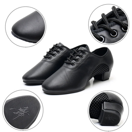 Unisex Latin Dance Shoes Leather Air-Mesh Breathable Ballroom Dancing Shoes Lace-Up Design Tango Shoes 3.5CM Heel Height