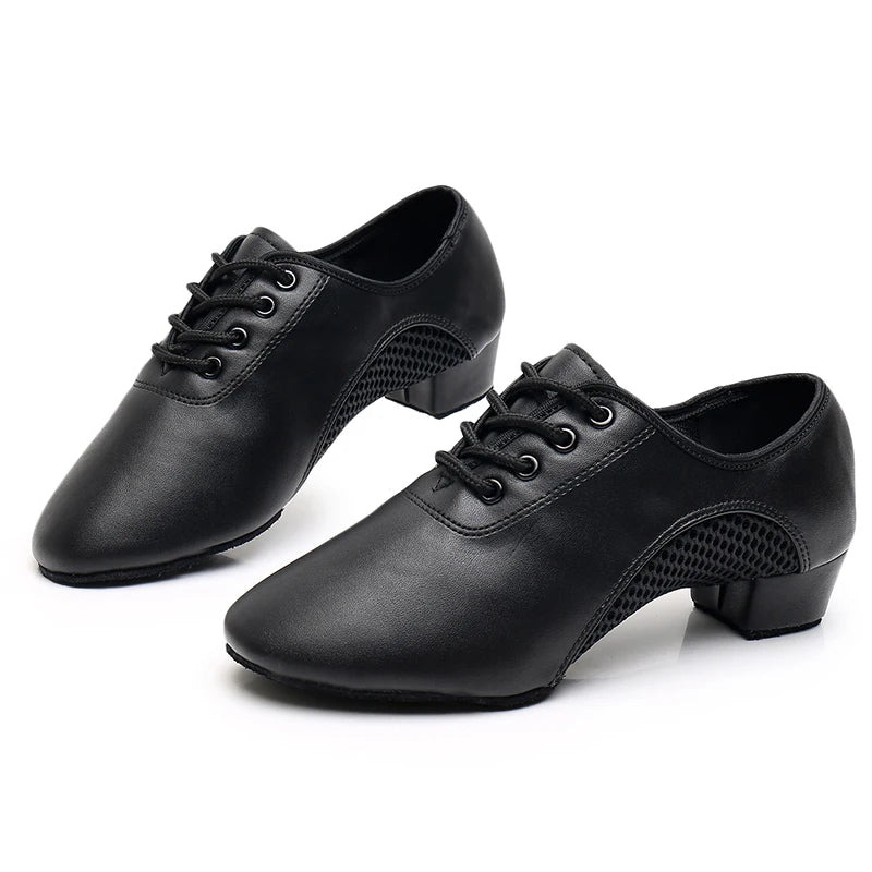 Unisex Latin Dance Shoes Leather Air-Mesh Breathable Ballroom Dancing Shoes Lace-Up Design Tango Shoes 3.5CM Heel Height