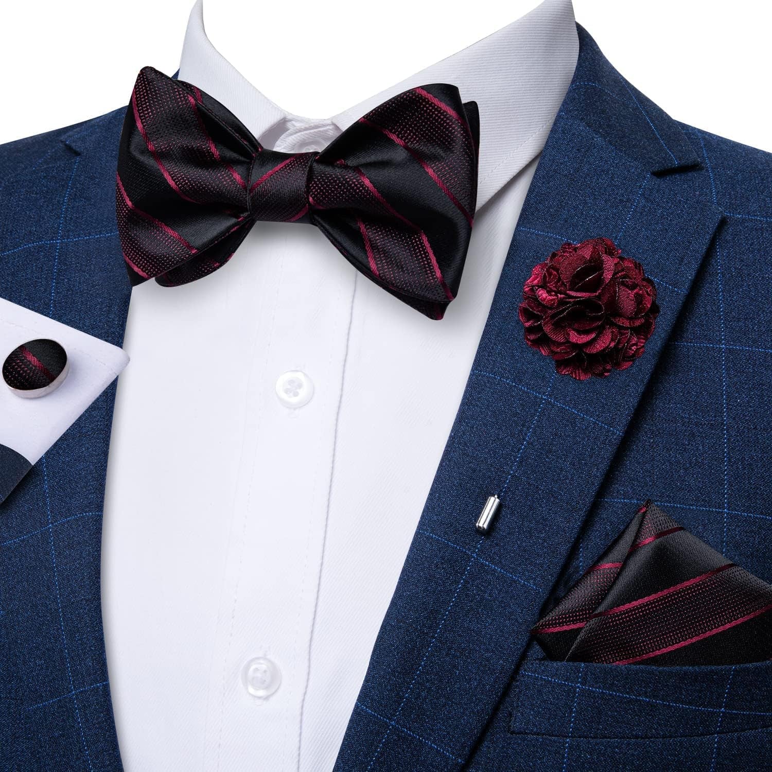 Paisley Bow Ties for Men Silk Self Tied Bowtie and Pocket Square Cufflinks with Lapel Pin for Wedding Party