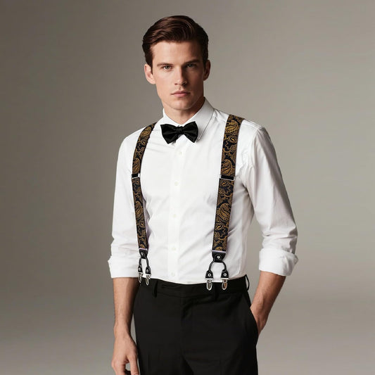 Paisley Bow Tie and Supenders for Men Tuxedo Heavy Duty 6 Clips Suspender Adjustable Y-Shape Mens Trouser Braces