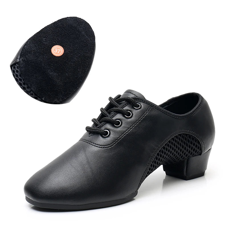Unisex Latin Dance Shoes Leather Air-Mesh Breathable Ballroom Dancing Shoes Lace-Up Design Tango Shoes 3.5CM Heel Height