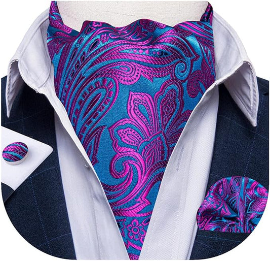 3PCS Ascot Ties for Men Wedding Jacquard Woven Silk Ascot Cravat for Men Cravat Tie and Pocket Square Set
